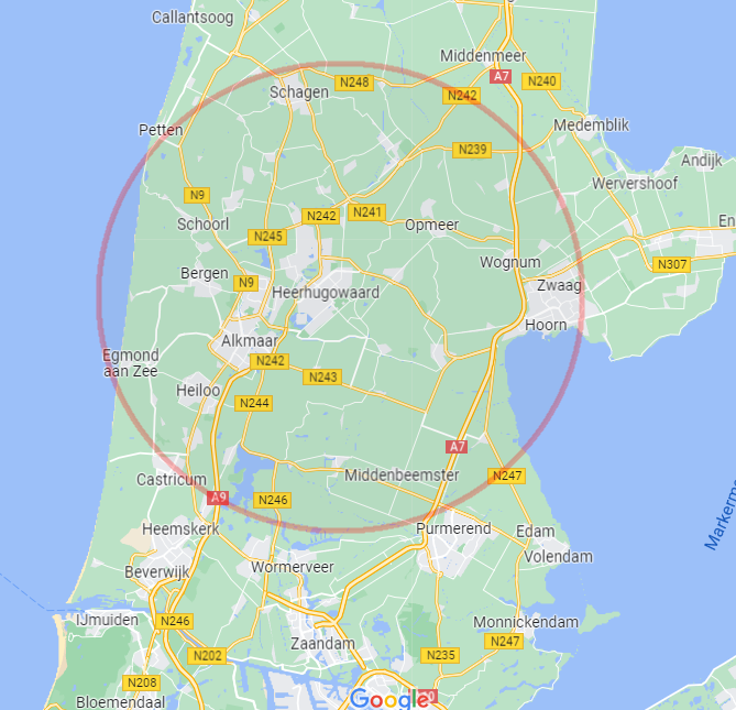 Kaart van Noord-Holland – servicegebied MT Massage